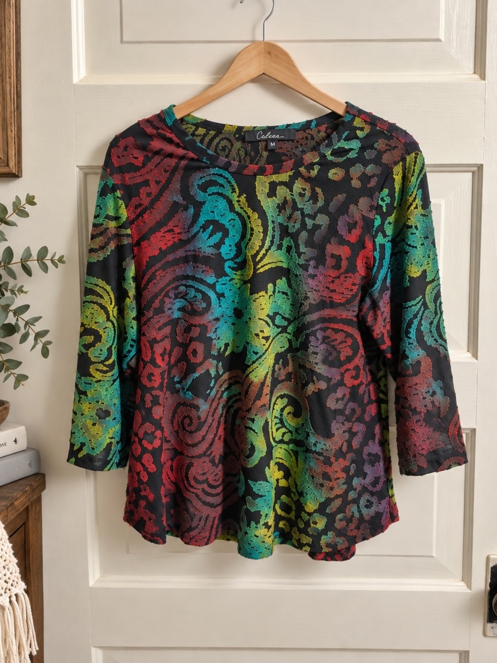 Caleoaa Multicolor Burnout Paisley Tunic Top 3/4 Sleeve Size M